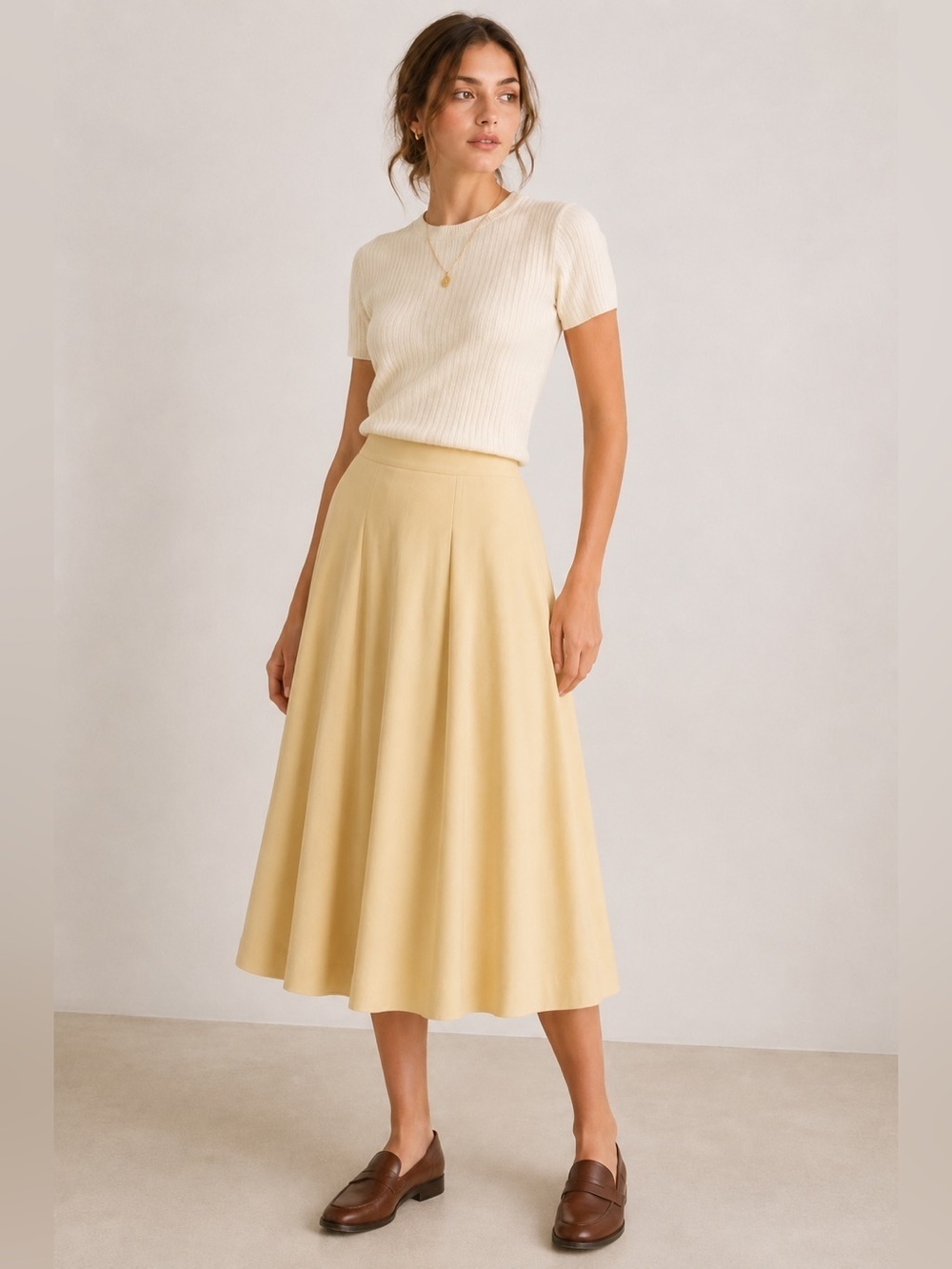 Vintage Perry Ellis Portfolio Wool Pleated Midi Skirt Buttercream Yellow USA 0-2